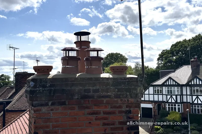 Chimney repair specialist — flaunching repairs made good and solid fuel bird guard cowls fitted, high-top rain caps with correct mesh specification for soot clearance, Gidea Park Romford | Allchimney Repairs