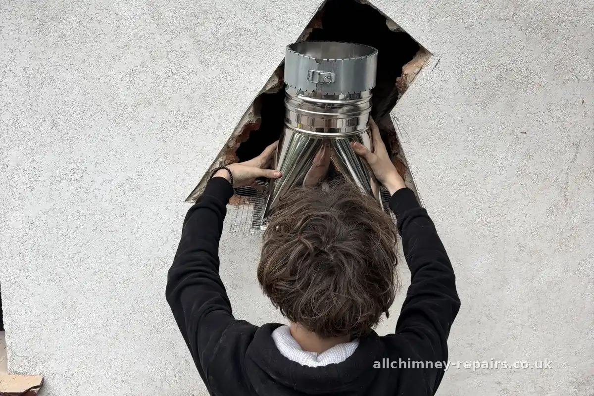 HETAS registered chimney lining — stainless steel gather hood installed via external wall opening on end terrace, all builder's work outside, brickwork and render reinstated, Collier Row Romford | Allchimney Repairs